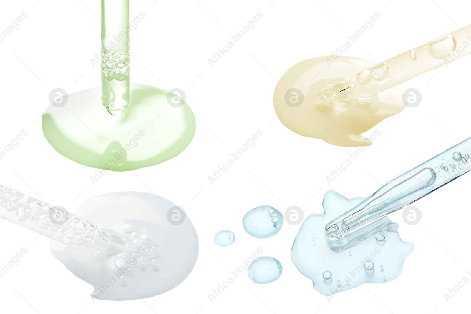 Image of Pipettes with different cosmetic products isolated on white, collection