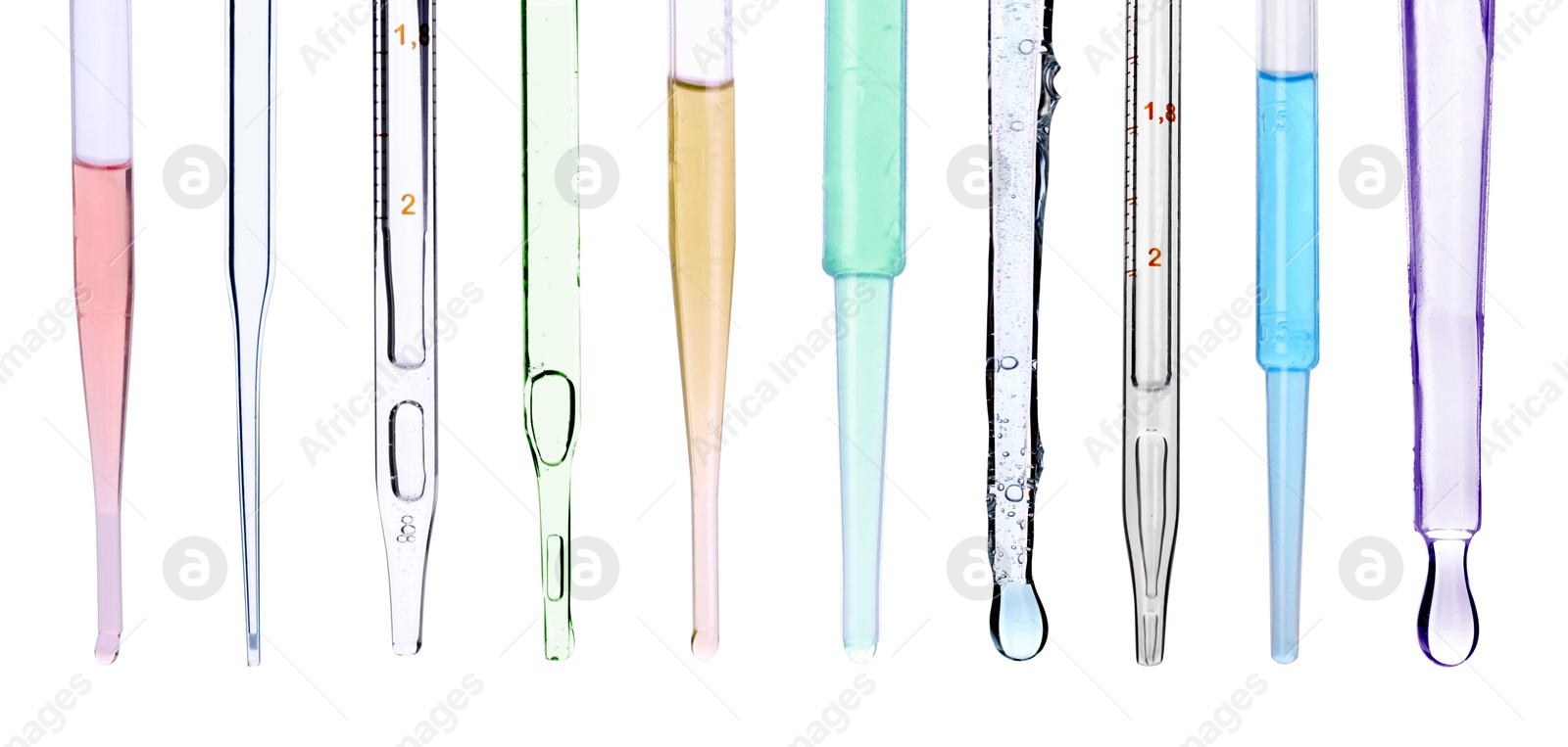 Image of Pipettes with different cosmetic products isolated on white, collection