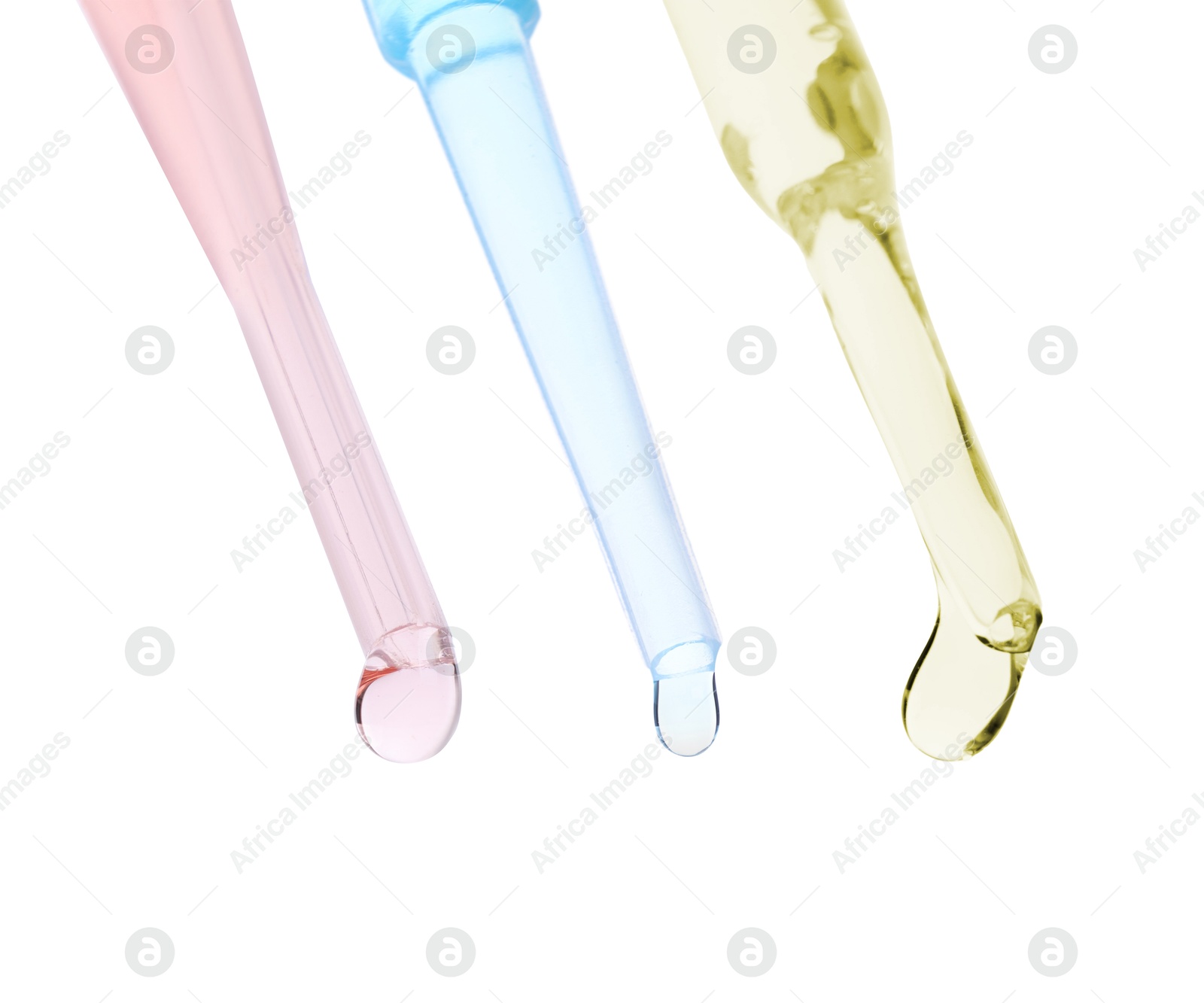 Image of Pipettes with different cosmetic products isolated on white, collection