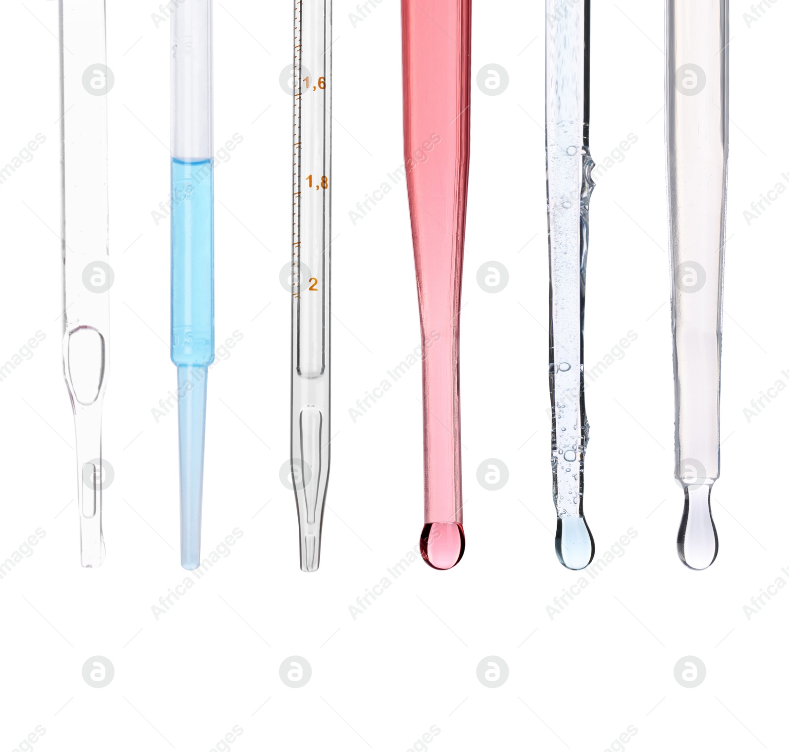 Image of Pipettes with different cosmetic products isolated on white, collection