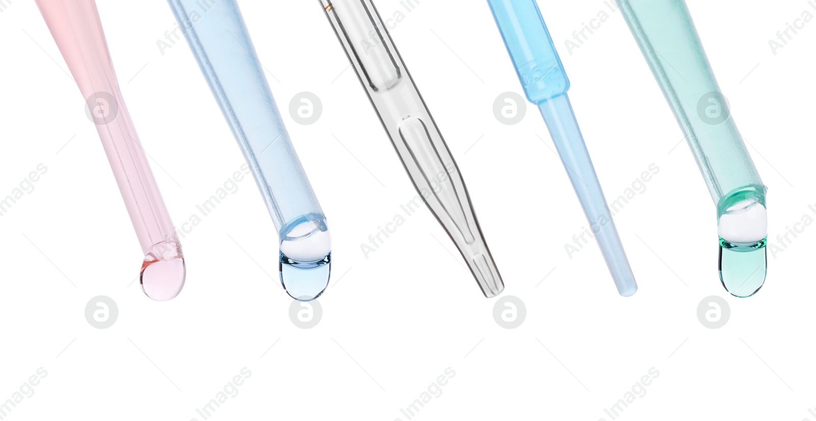 Image of Pipettes with different cosmetic products isolated on white, collection