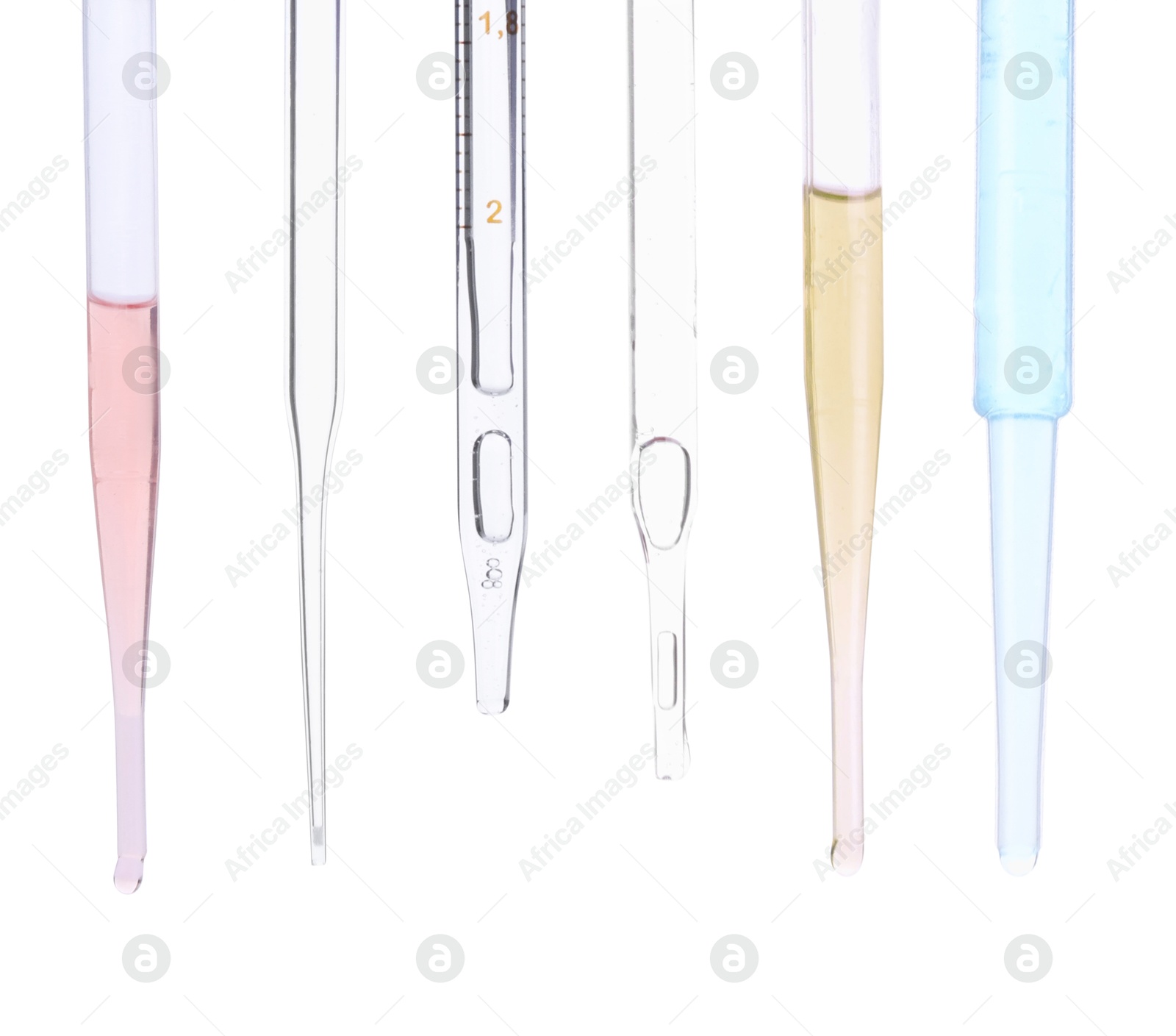 Image of Pipettes with different cosmetic products isolated on white, collection