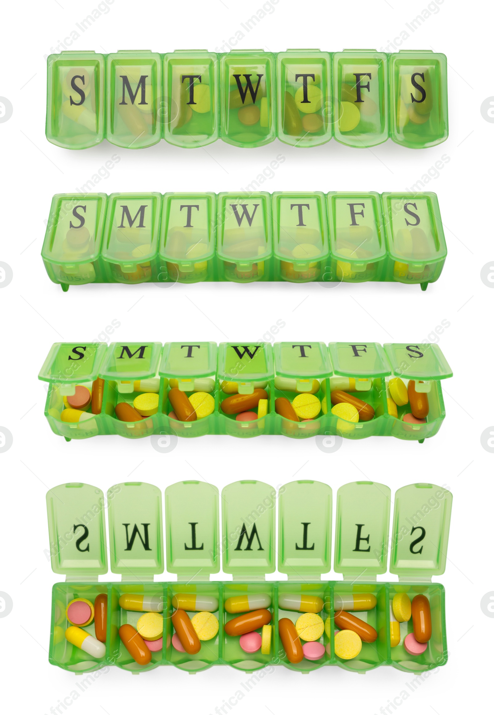 Image of Pill organizer isolated on white, views from different angles