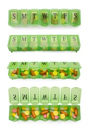 Image of Pill organizer isolated on white, views from different angles