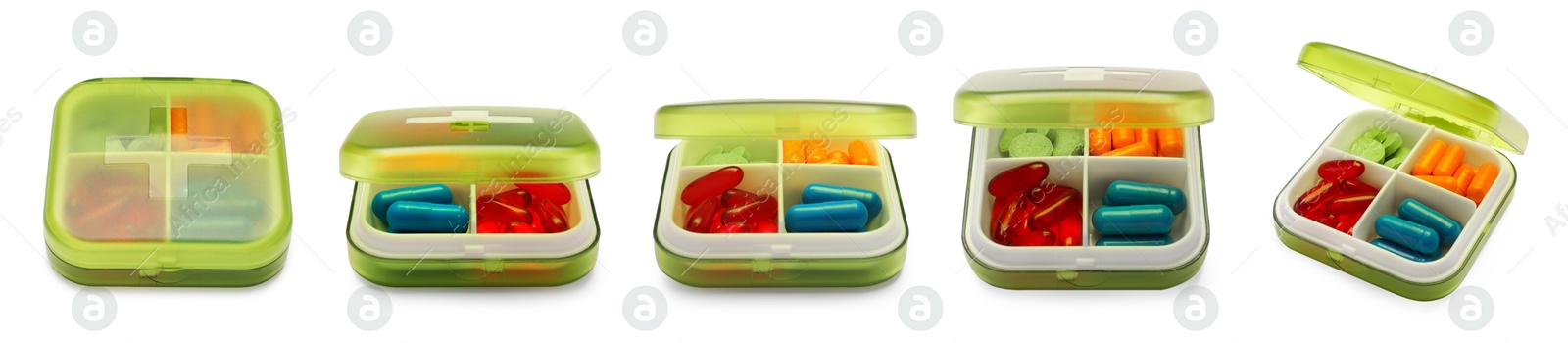 Image of Pill organizer isolated on white, views from different angles