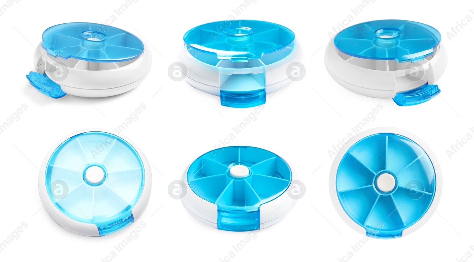 Image of Pill organizer isolated on white, views from different angles