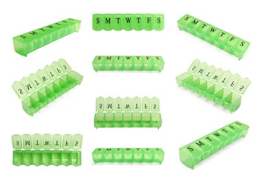 Green pill organizer isolated on white, views from different angles