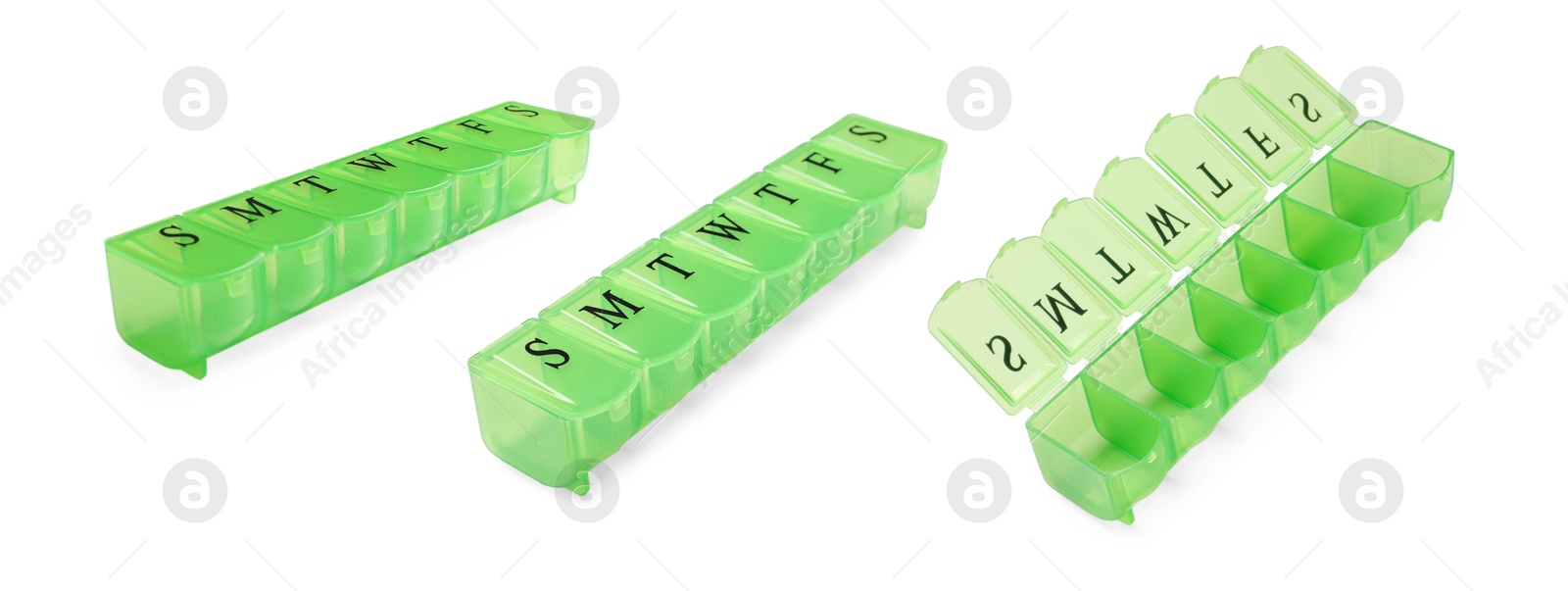 Image of Green pill organizer isolated on white, views from different angles