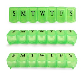 Green pill organizer isolated on white, views from different angles