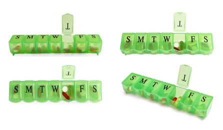 Image of Green pill organizer isolated on white, views from different angles