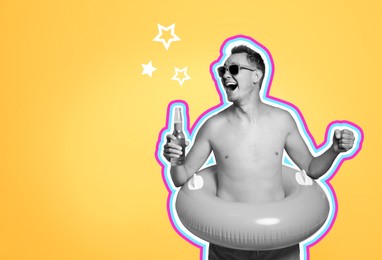 Image of Happy man with beer and inflatable ring on golden background. Summer art collage