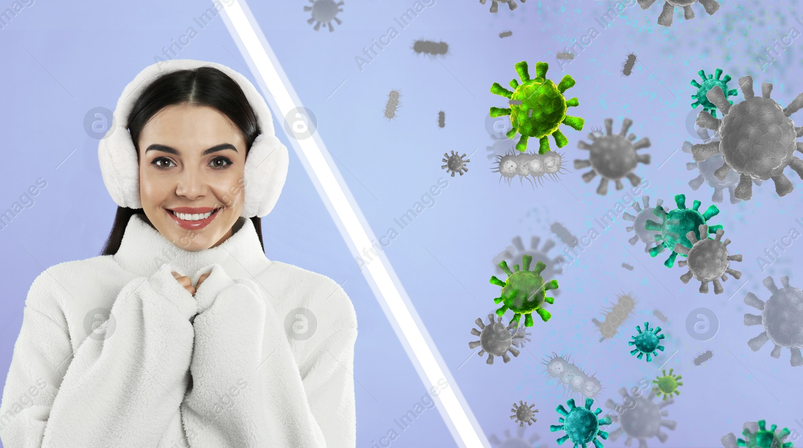 Image of Woman with strong immunity surrounded by viruses on color background, banner design