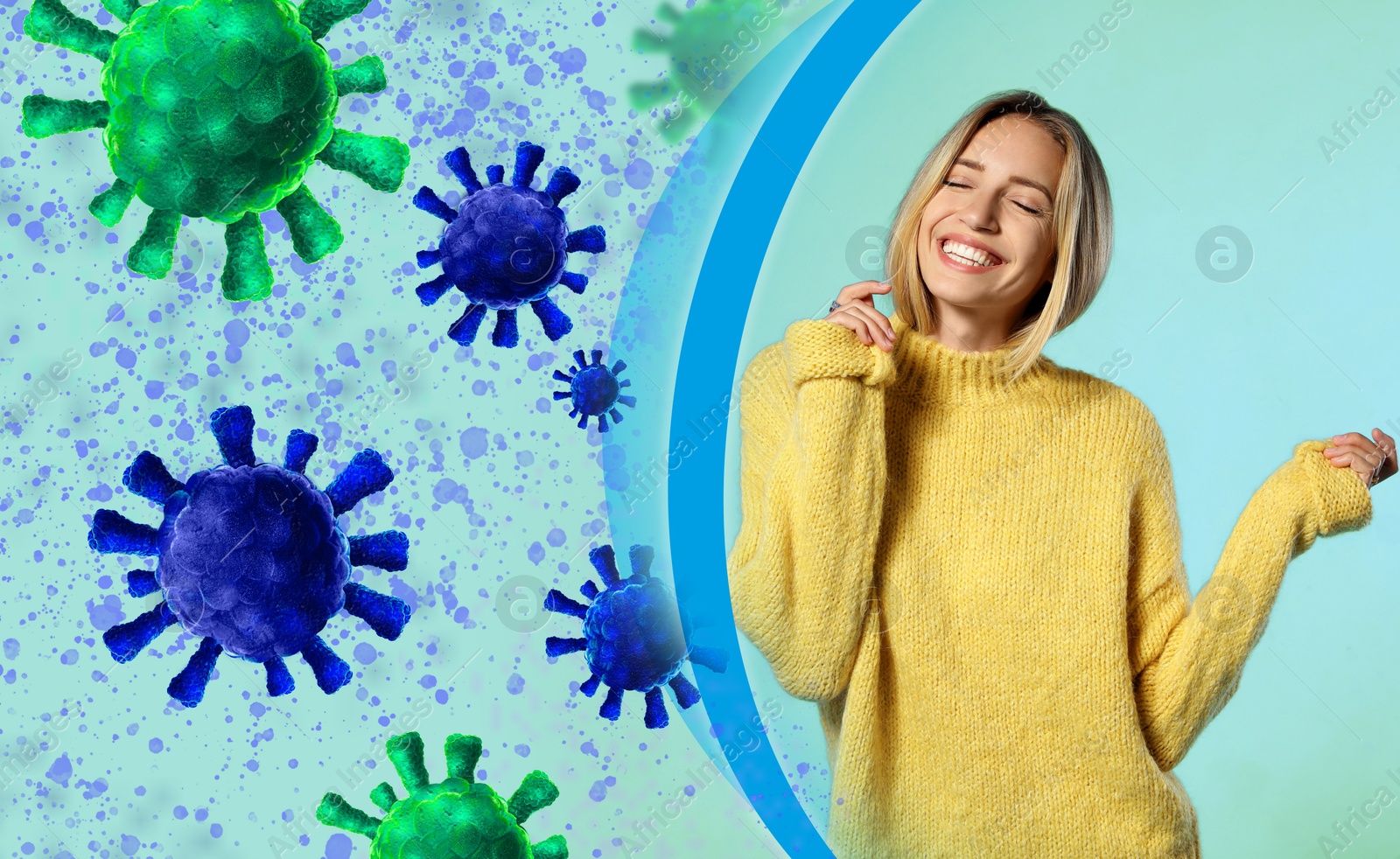 Image of Woman with strong immunity surrounded by viruses on light blue background
