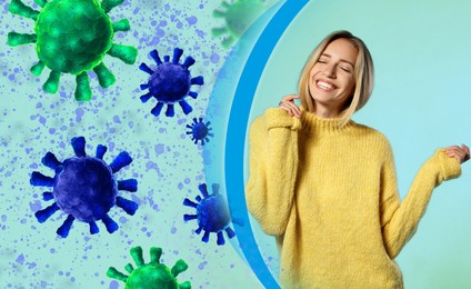 Woman with strong immunity surrounded by viruses on light blue background
