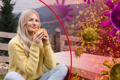 Woman with strong immunity surrounded by viruses outdoors