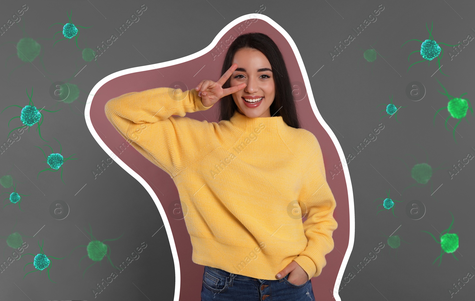 Image of Woman with strong immunity surrounded by viruses on color background