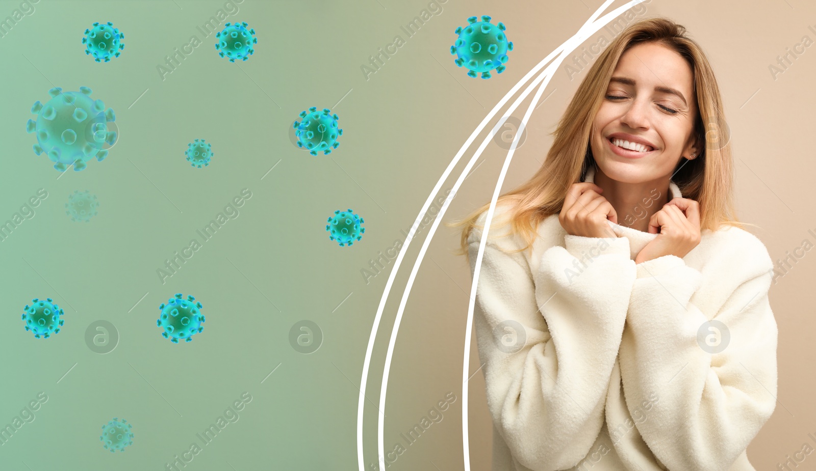 Image of Woman with strong immunity surrounded by viruses on color background, banner design