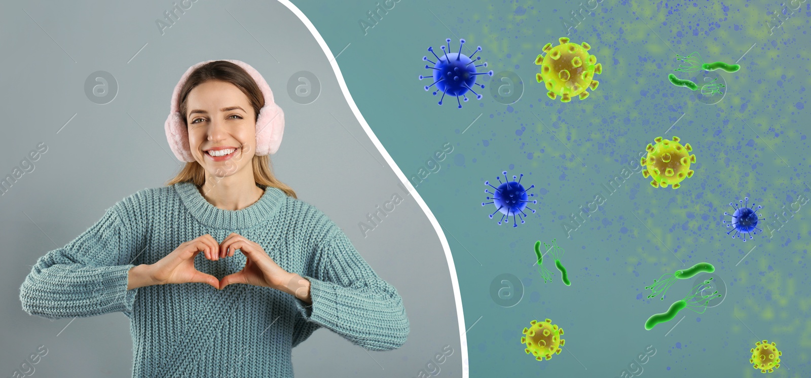 Image of Woman with strong immunity surrounded by viruses on color background, banner design