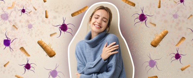 Woman with strong immunity surrounded by viruses on beige background, banner design
