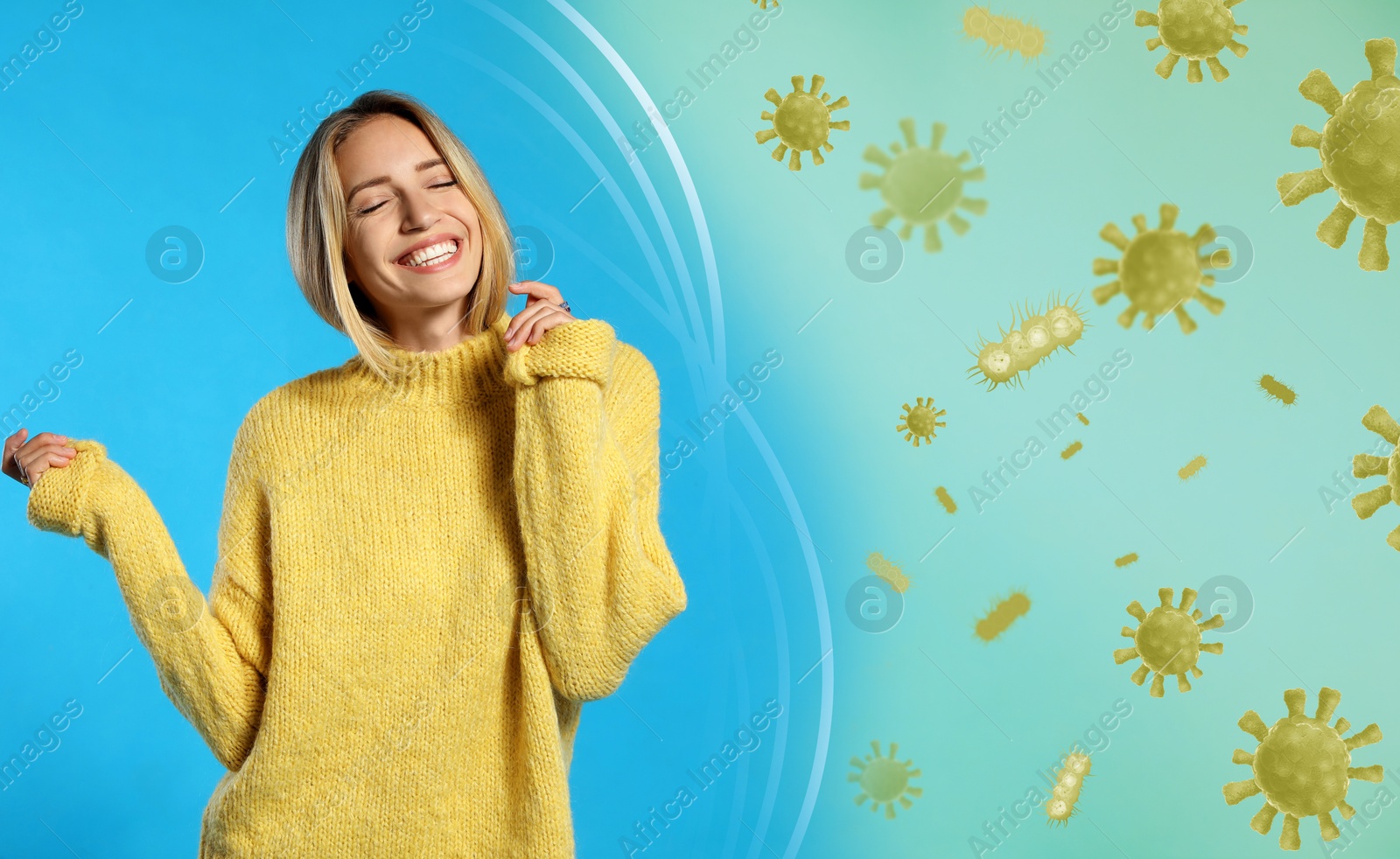 Image of Woman with strong immunity surrounded by viruses on light blue background