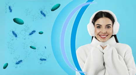 Woman with strong immunity surrounded by viruses on light blue background, banner design