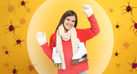 Woman with strong immunity surrounded by viruses on orange background, banner design