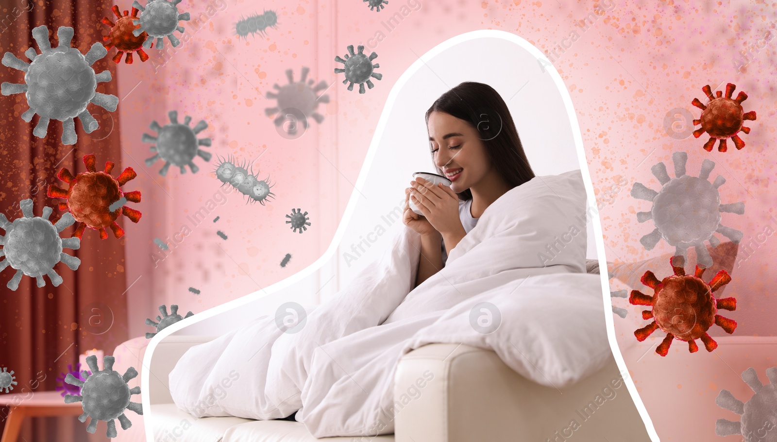 Image of Woman with strong immunity surrounded by viruses at home