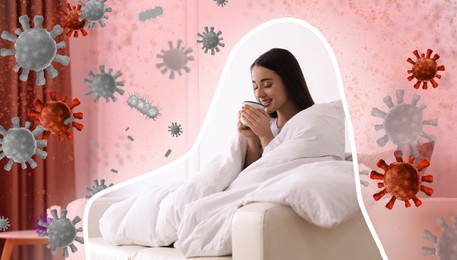 Woman with strong immunity surrounded by viruses at home