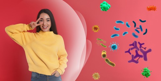 Image of Woman with strong immunity surrounded by viruses on red background, banner design