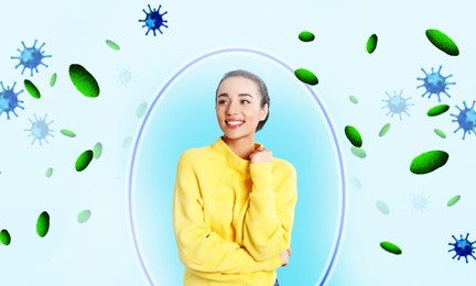 Image of Woman with strong immunity surrounded by viruses on light background