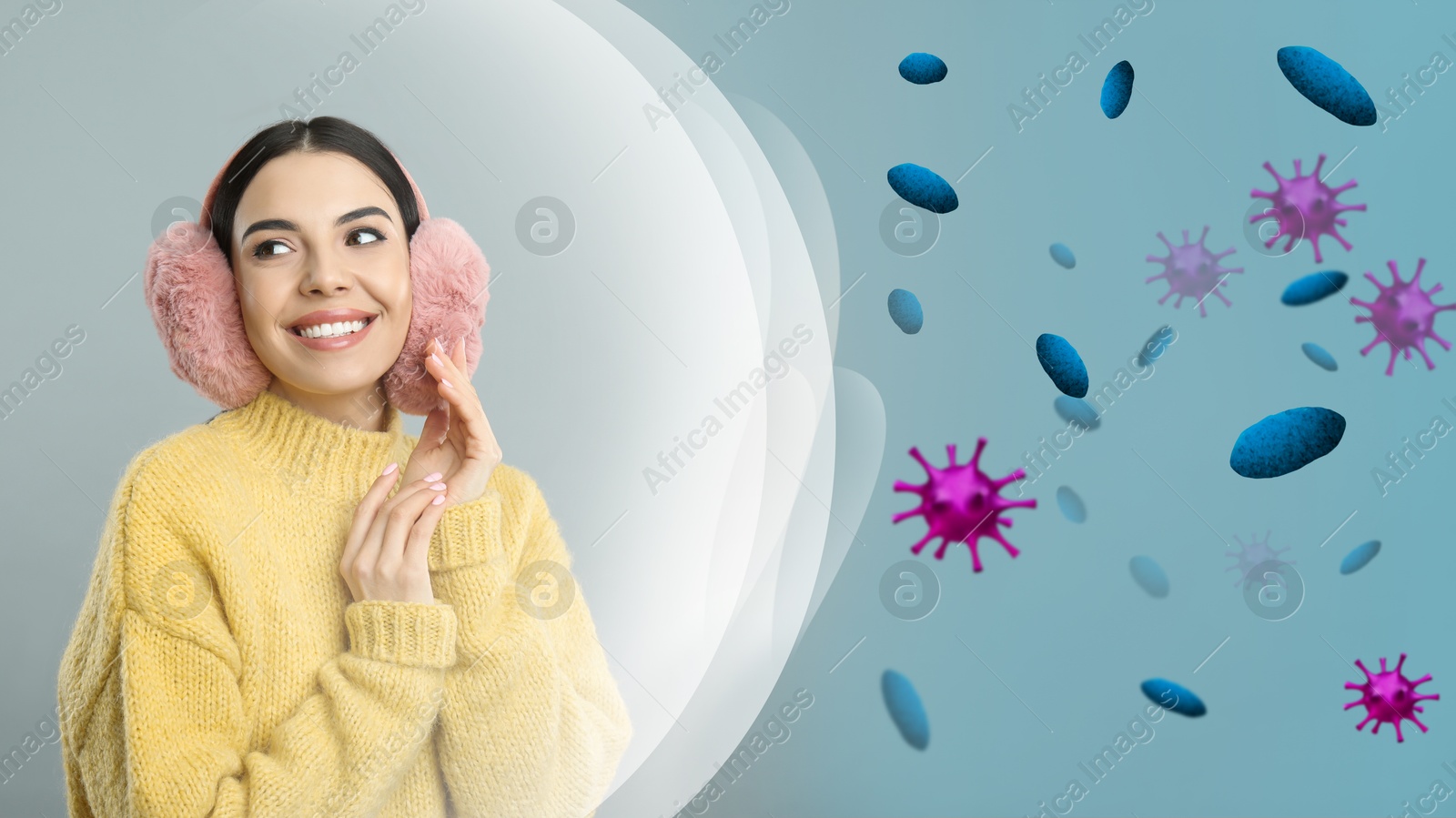 Image of Woman with strong immunity surrounded by viruses on color background, banner design