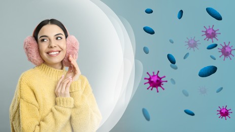 Woman with strong immunity surrounded by viruses on color background, banner design