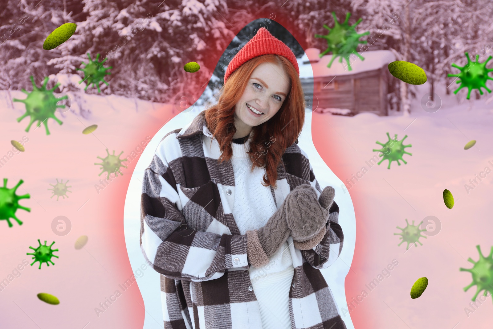 Image of Woman with strong immunity surrounded by viruses outdoors