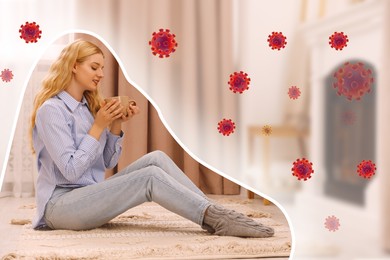 Woman with strong immunity surrounded by viruses at home