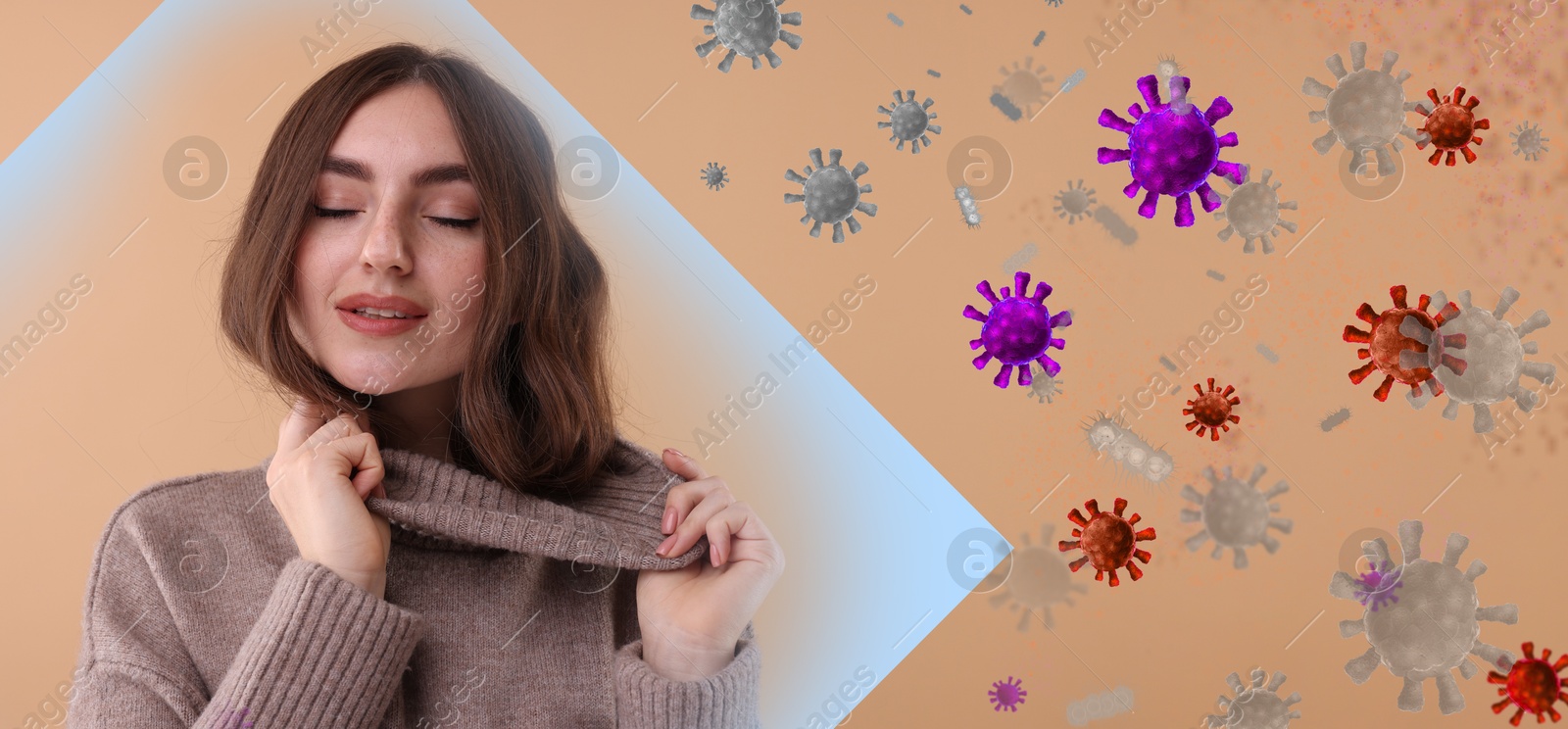 Image of Woman with strong immunity surrounded by viruses on color background, banner design