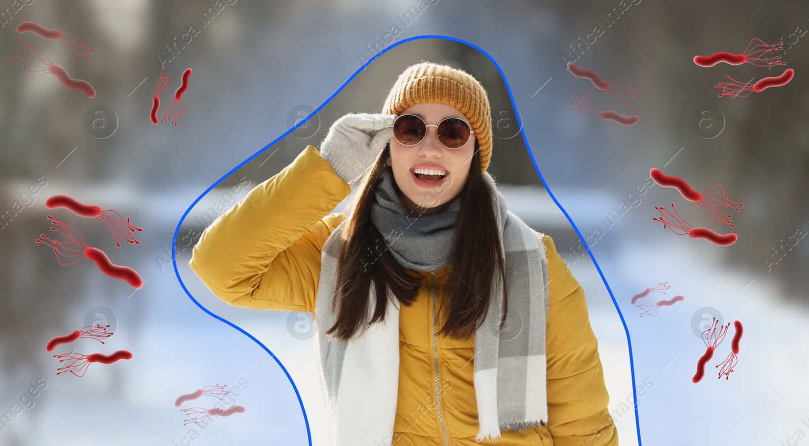 Image of Woman with strong immunity surrounded by viruses outdoors