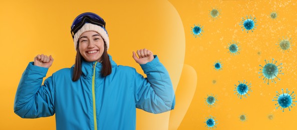Image of Woman with strong immunity surrounded by viruses on orange background, banner design