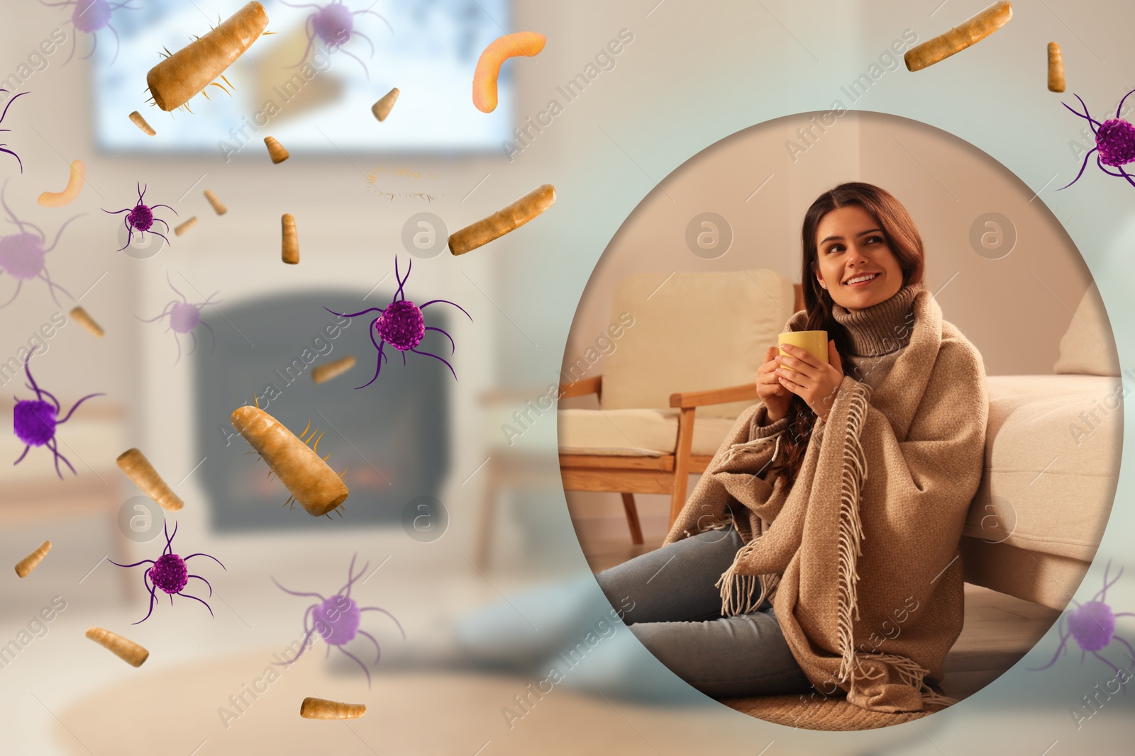 Image of Woman with strong immunity surrounded by viruses at home