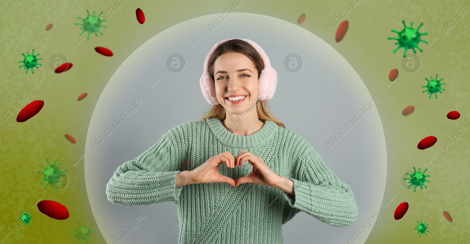 Image of Woman with strong immunity surrounded by viruses on color background, banner design