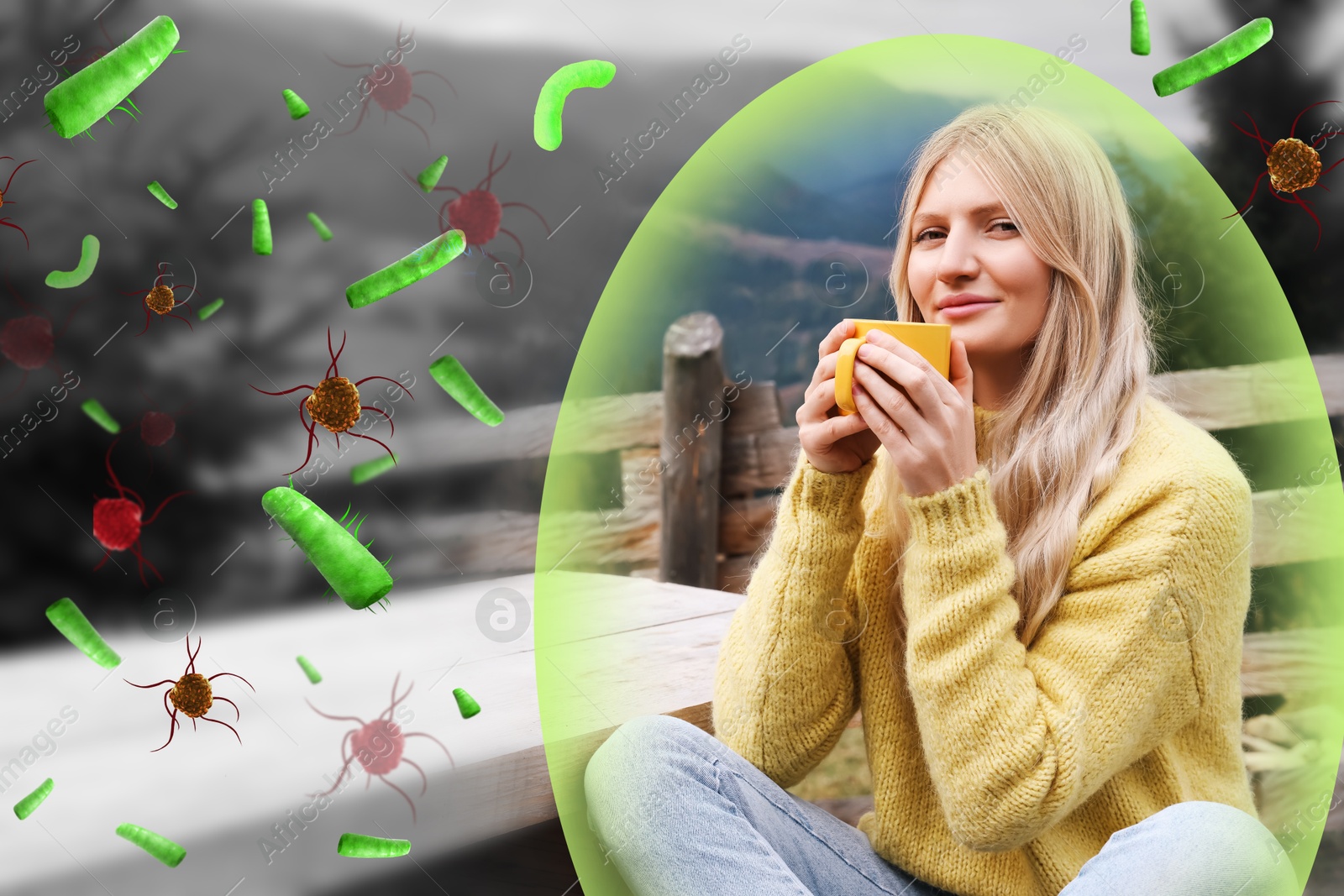 Image of Woman with strong immunity surrounded by viruses outdoors