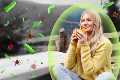 Image of Woman with strong immunity surrounded by viruses outdoors