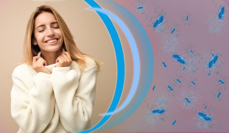 Image of Woman with strong immunity surrounded by viruses on color background, banner design