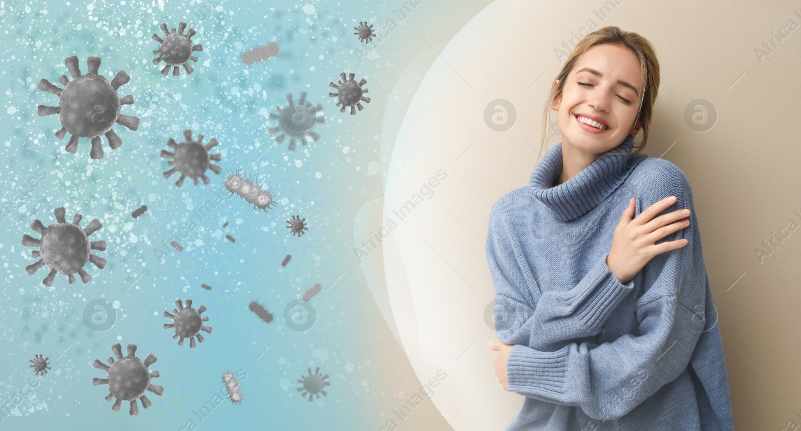 Image of Woman with strong immunity surrounded by viruses on color background, banner design