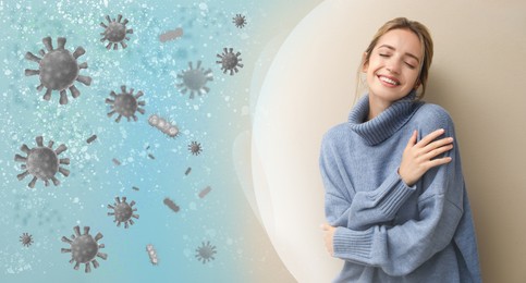 Image of Woman with strong immunity surrounded by viruses on color background, banner design