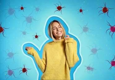 Woman with strong immunity surrounded by viruses on light blue background