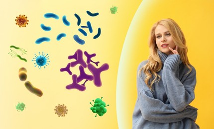 Woman with strong immunity surrounded by viruses on yellow background