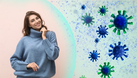 Woman with strong immunity surrounded by viruses on color background, banner design
