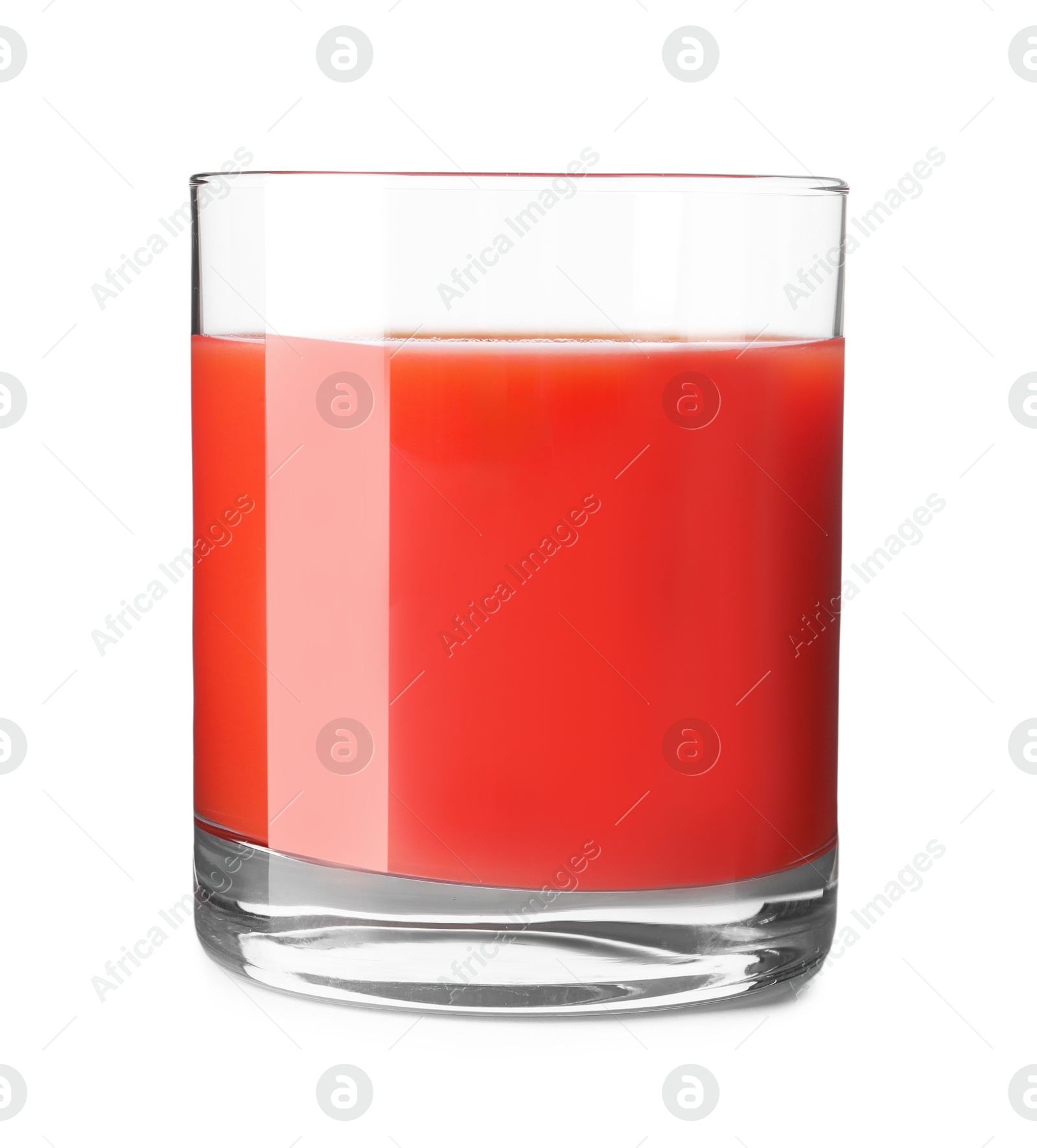 Photo of Fresh tomato juice in glass isolated on white