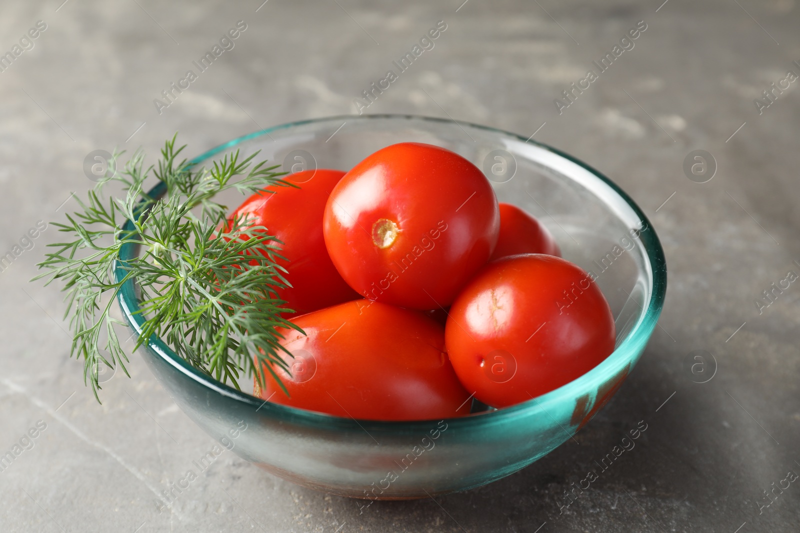 Photo of Tasty pickled tomatoes and dill in bowl on grey table