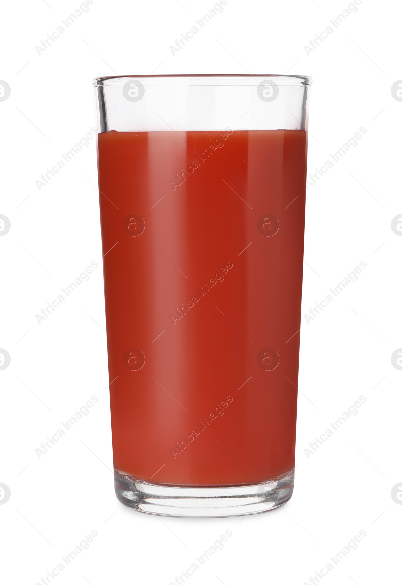 Photo of Fresh tomato juice in glass isolated on white